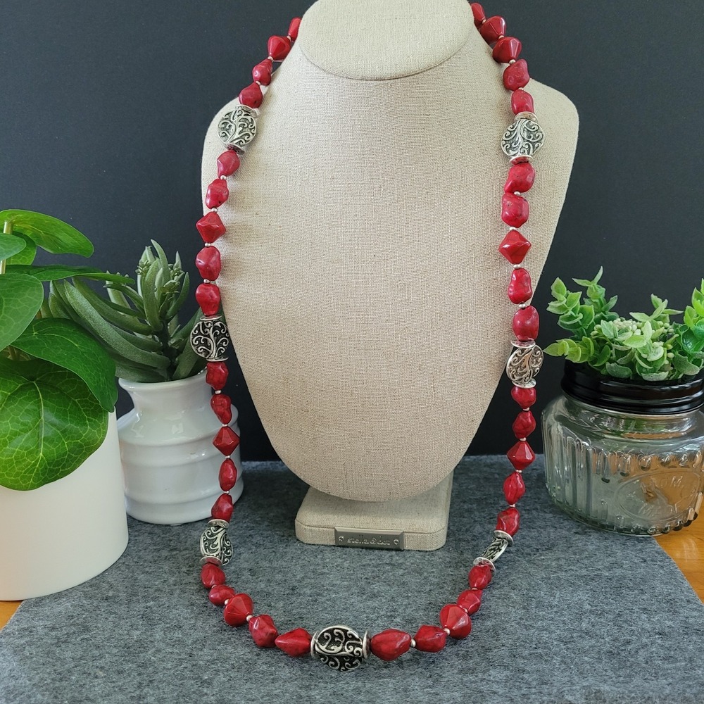 PREMIER DESIGNS Art Nouveau Style Red Stone Silver Tone Necklace 30in